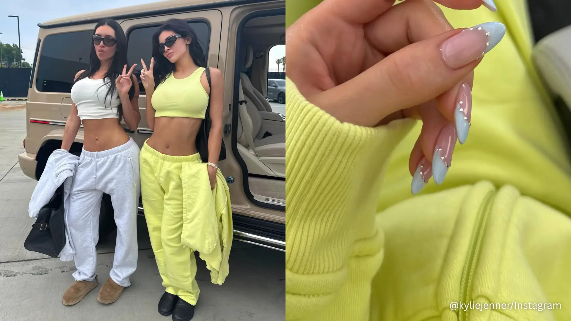 Kylie Jenner manicure with light blue French tip nail art and rhinestone accents matching neon yellow outfit