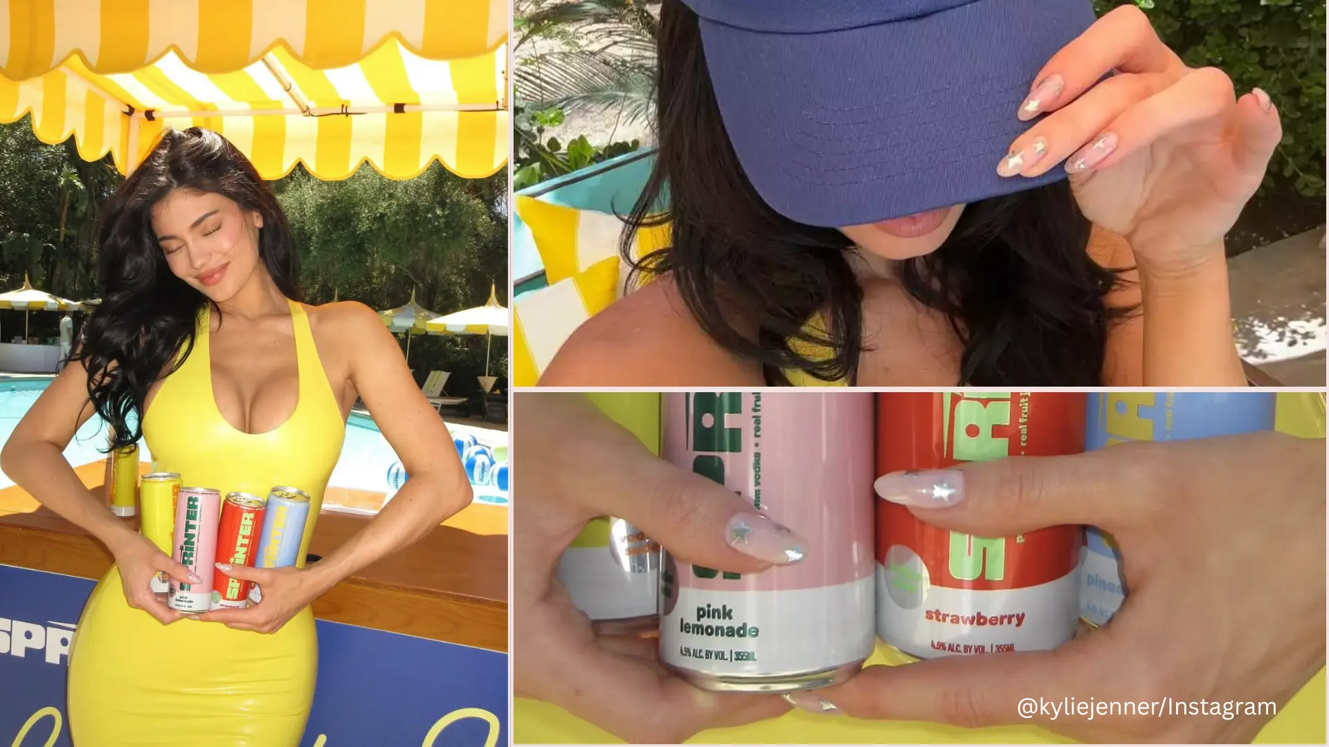 Kylie Jenner wearing cosmic nude nails with silver stars on a nude base promoting Sprinter drink as inspiration for spring break nails