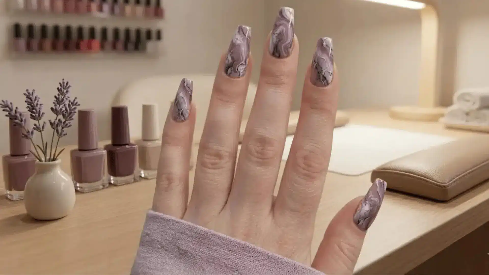 _Marble effects combine mauve with soft white or grey swirls to create a textured look on a coffin shaped nails