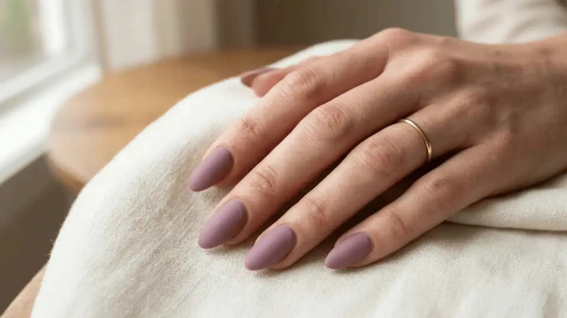 Matte Mauve Minimalist Nails in almond shape nails resting on a white peice of clothes
