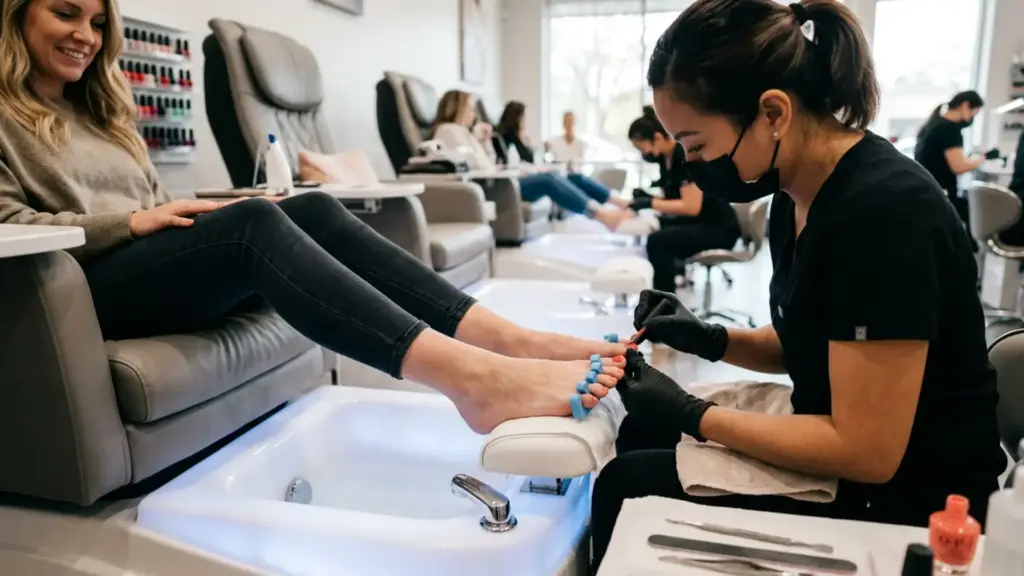 Nail technician painting client toenails during pedicure in modern nail salon with foot spa chair and tools on table