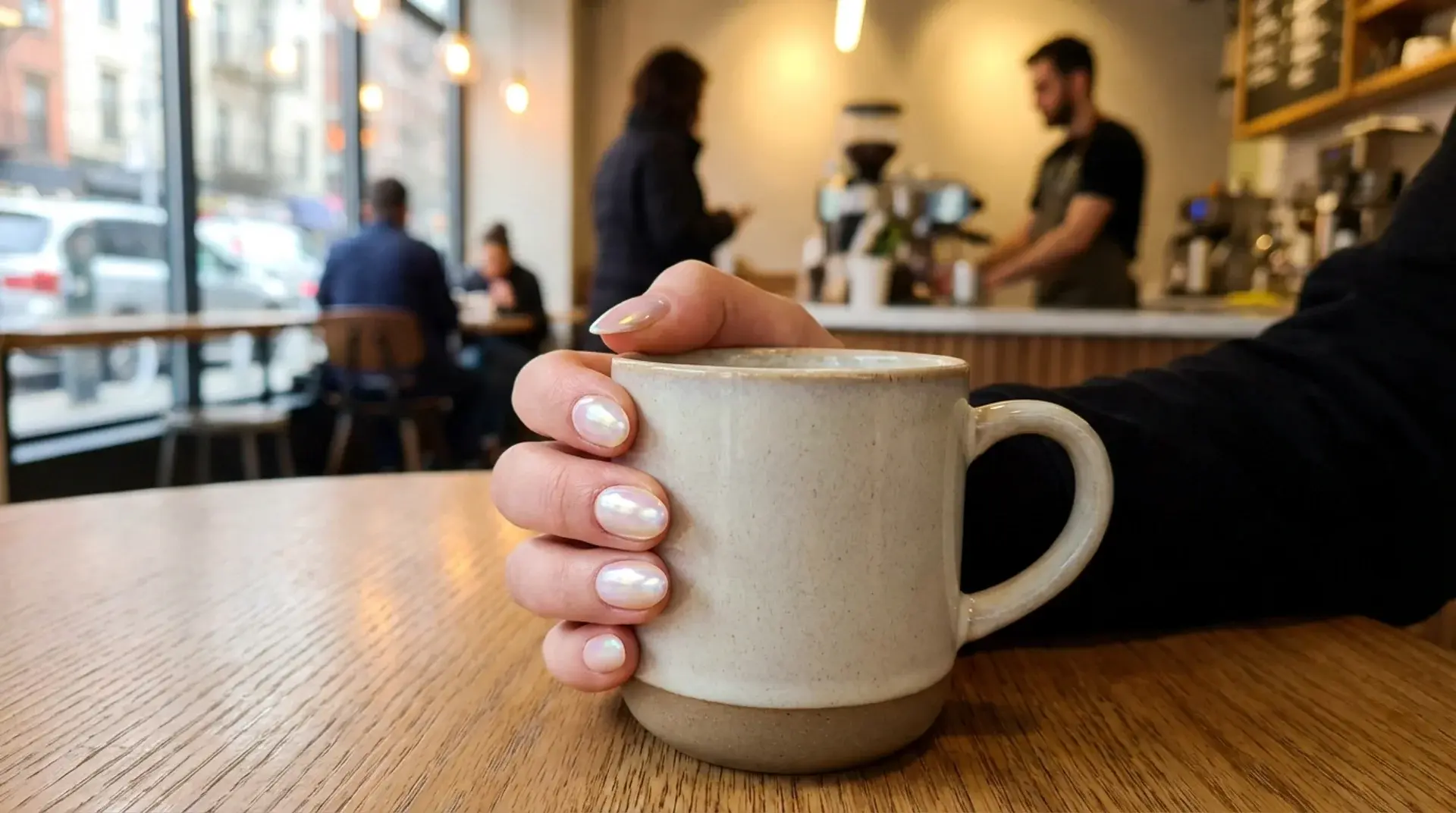 Pearl finish manicure holding ceramic coffee mug inside modern cafe with soft lighting