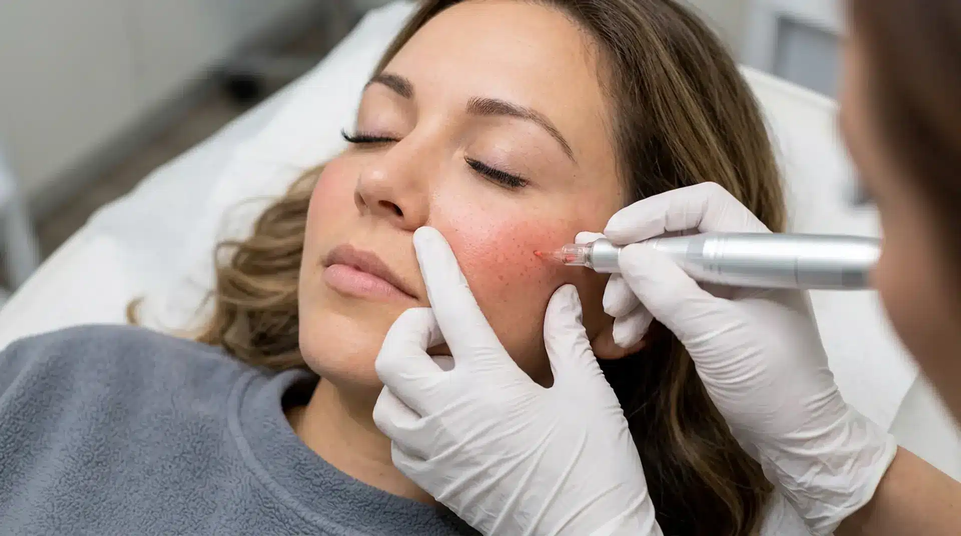 Permanent blush treatment being applied on cheek for soft natural flushed appearance