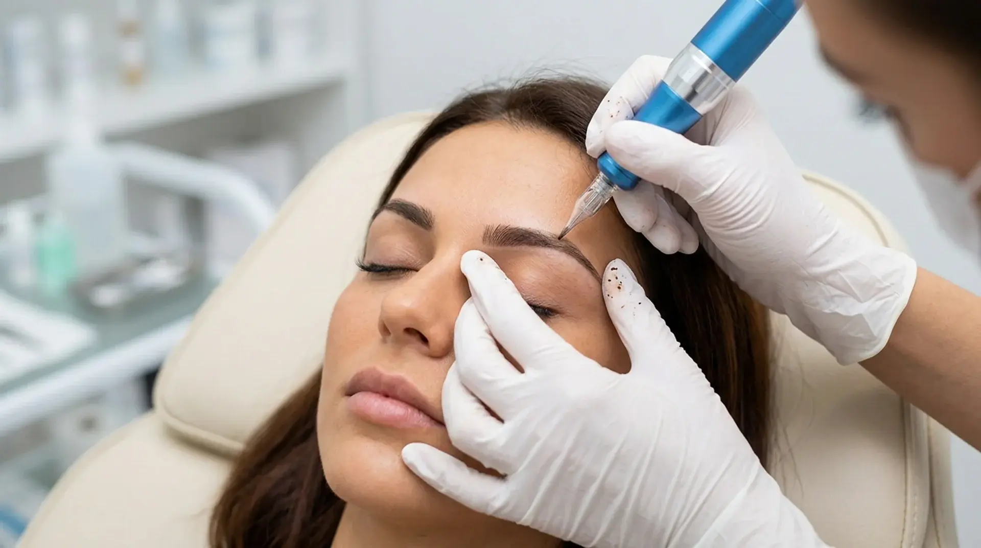 Permanent eyebrow procedure with technician shaping brows using cosmetic tattoo machine