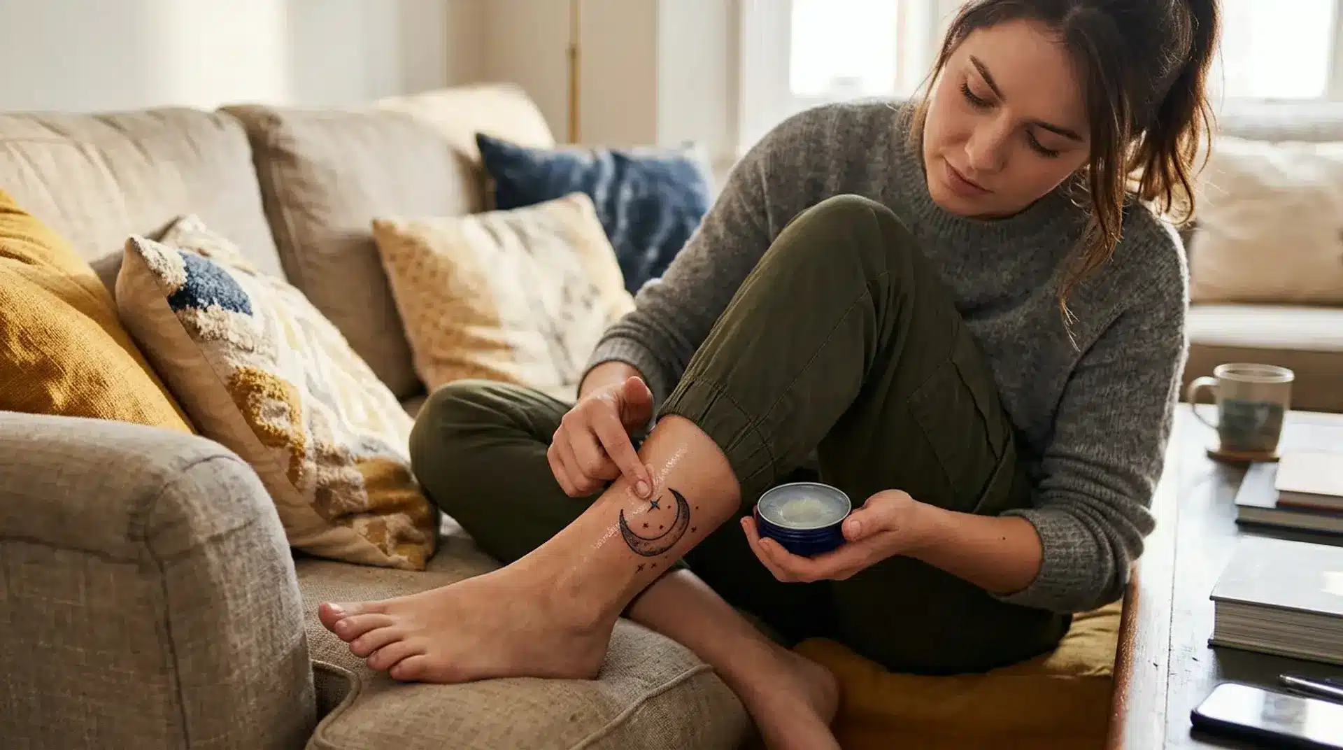 Person applying moisturizing cream to a small moon tattoo on ankle during the healing stage after removing second skin bandage