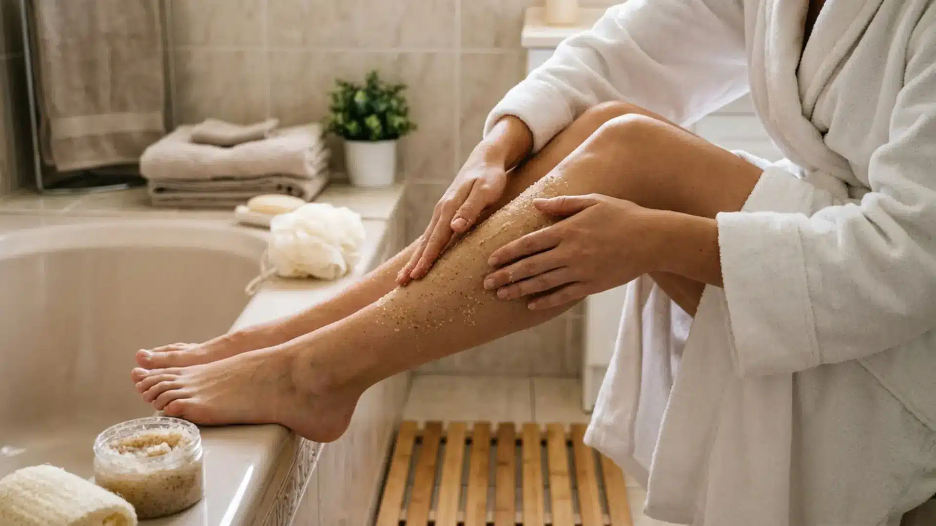 Person exfoliating leg with body scrub in bathroom as skin prep before spray tan