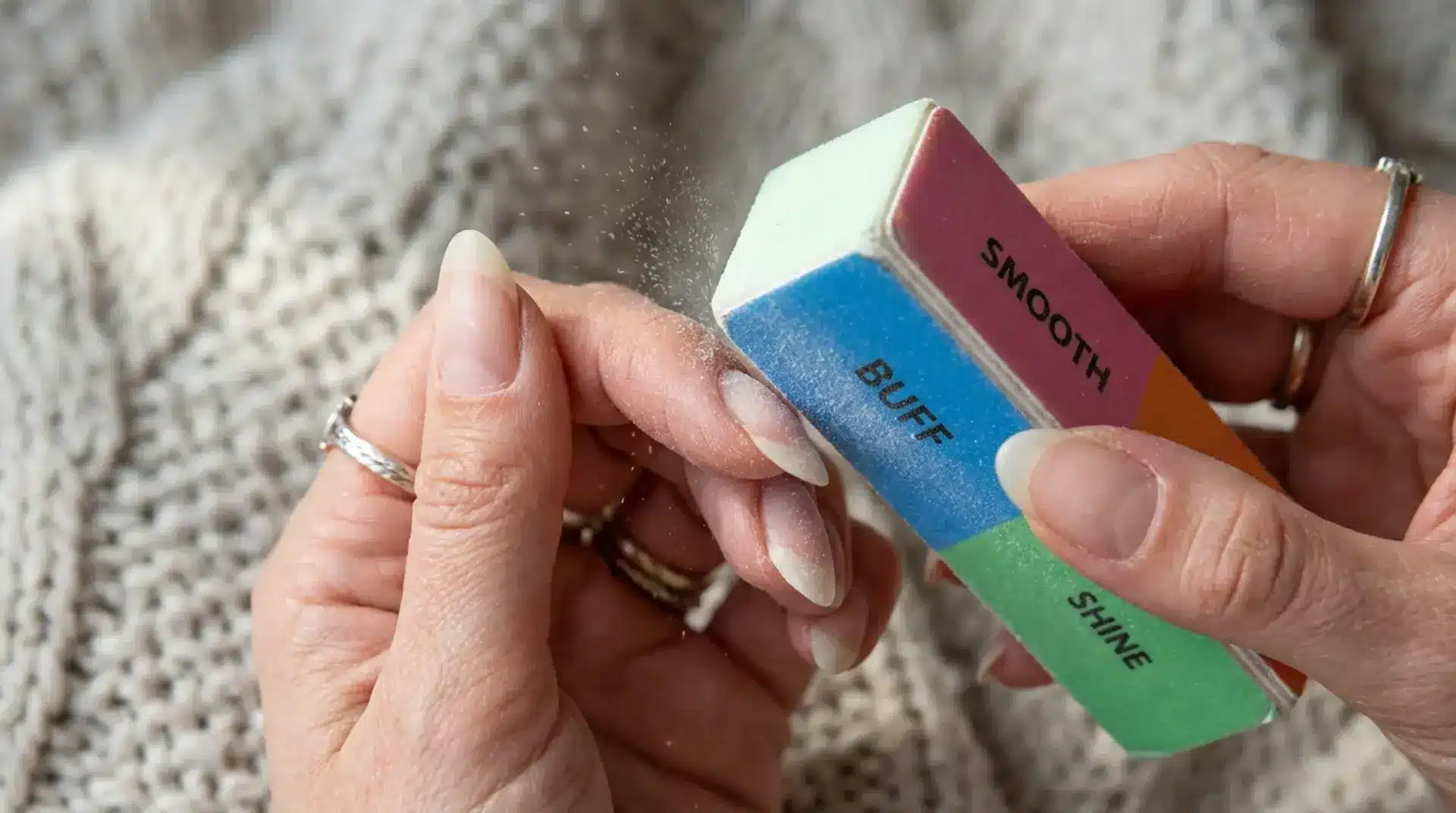 Person gently buffing acrylic nails with a nail buffer to thin the acrylic layer before removal.
