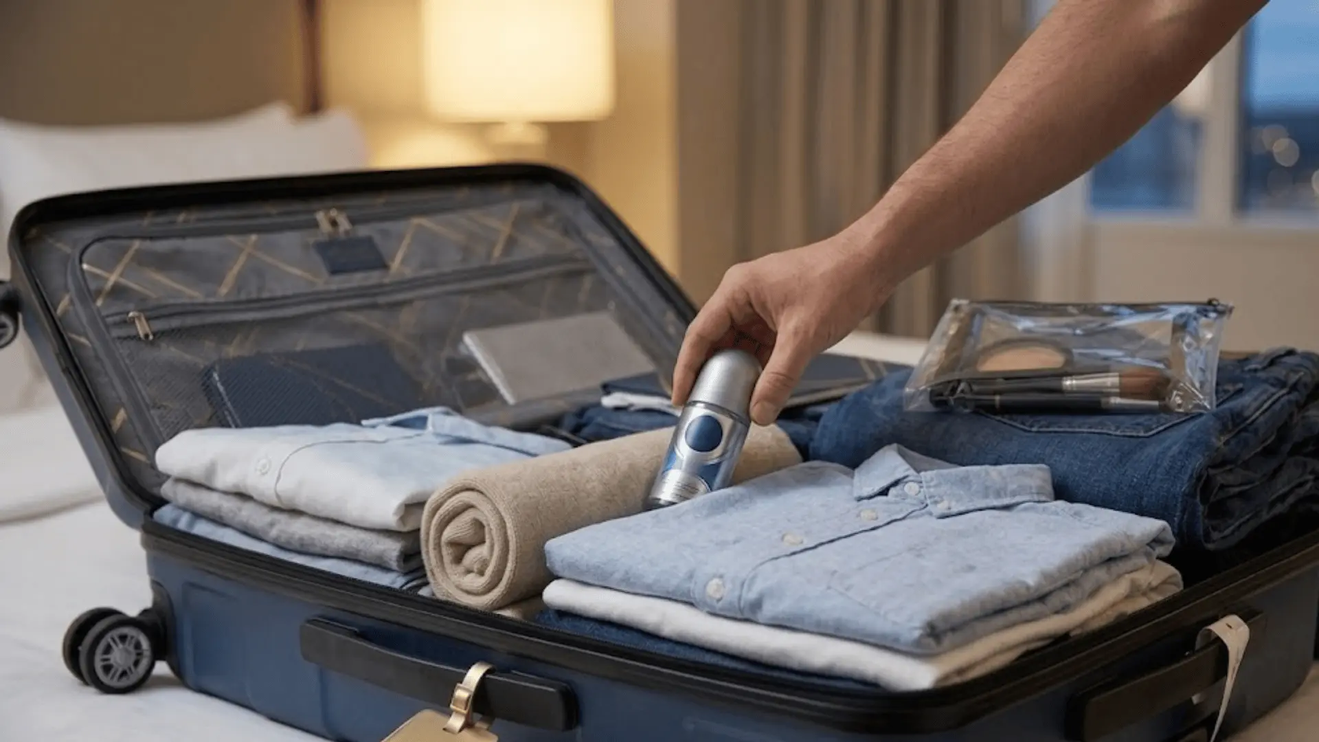 Person packing spray deodorant in suitcase with folded clothes for travel and TSA compliant toiletries setup