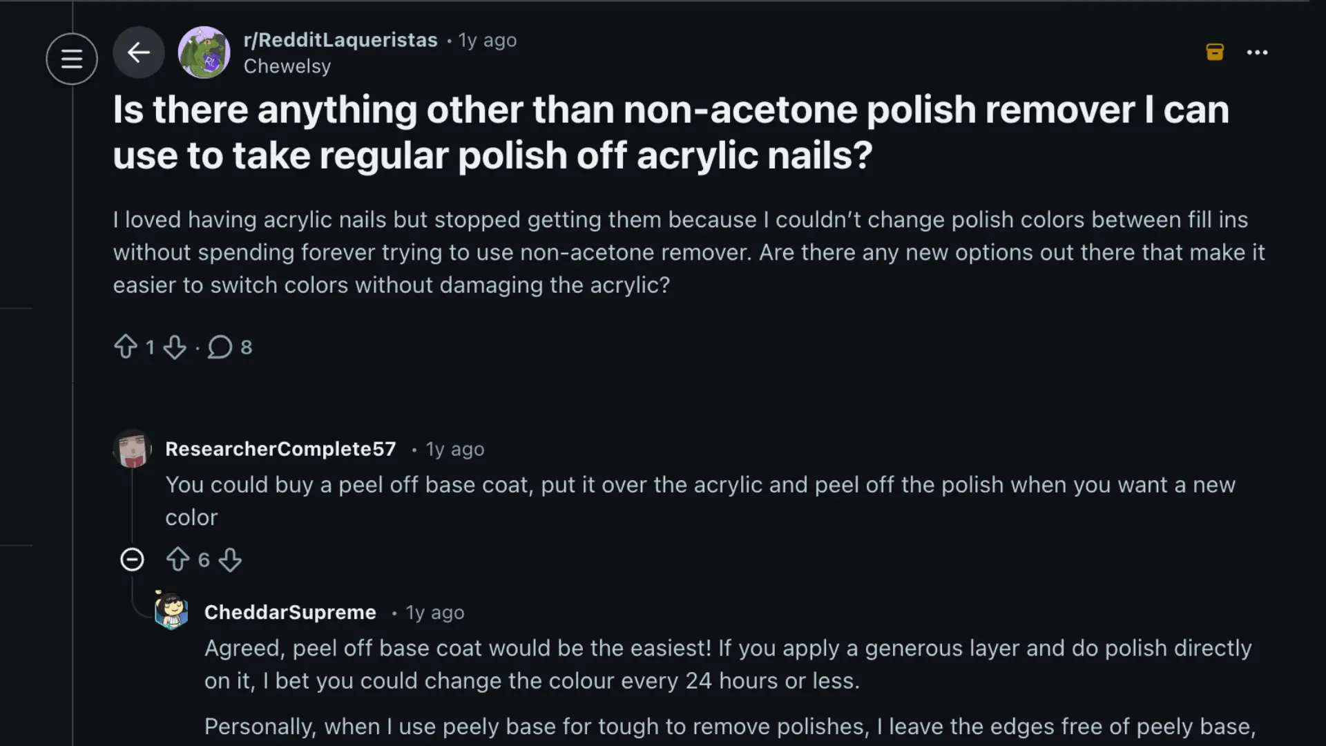 Reddit post asking alternatives to non acetone remover for polish on acrylic nails