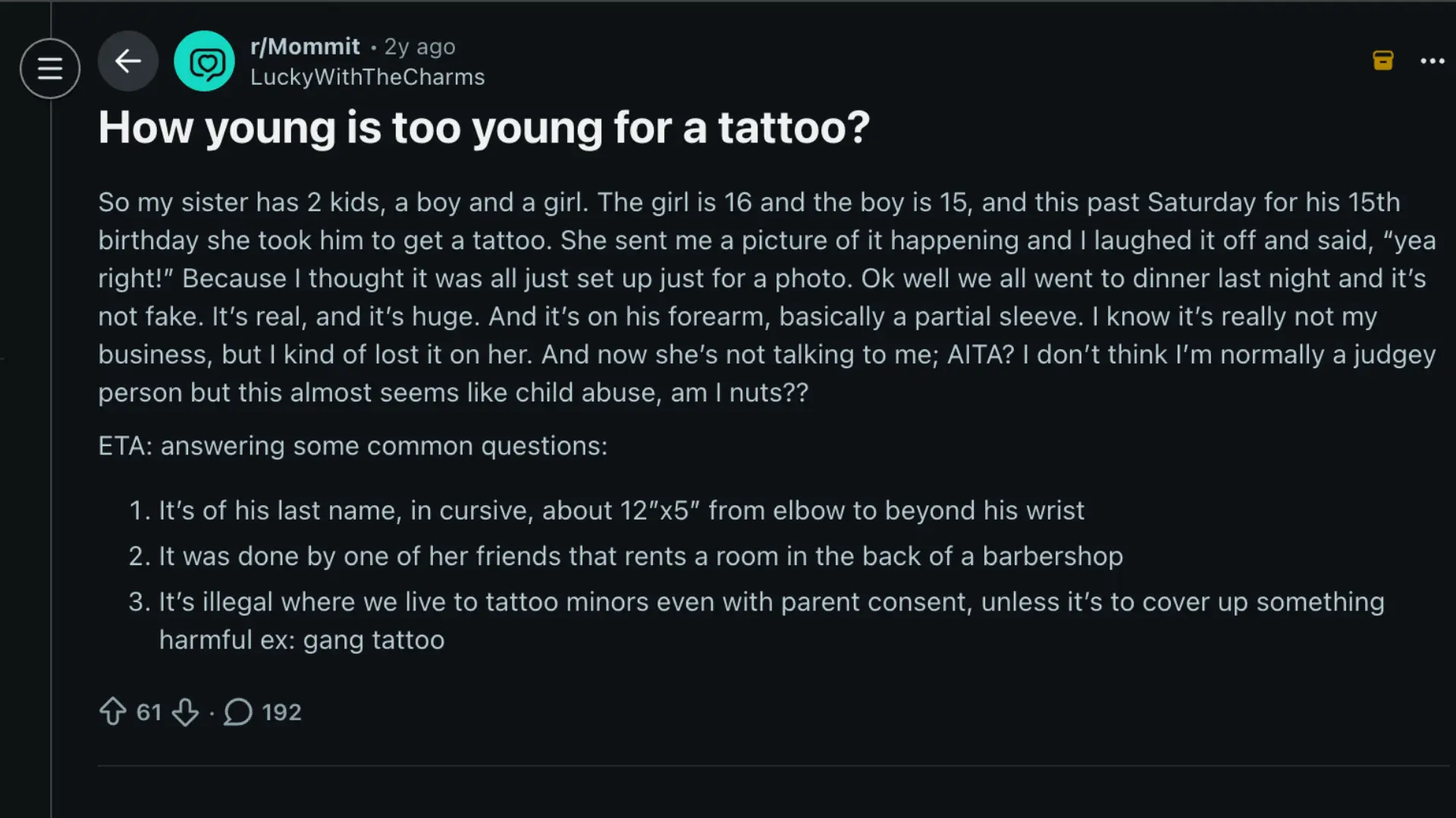 Reddit post discussing whether a 15 year old getting a large forearm tattoo from a barbershop artist is too young for a tattoo