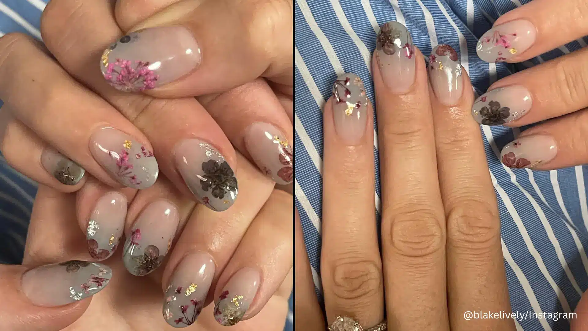 Screenshot of Blake Lively' Instagram post showing pressed flower nail art sealed under glossy nude polish on short oval nails