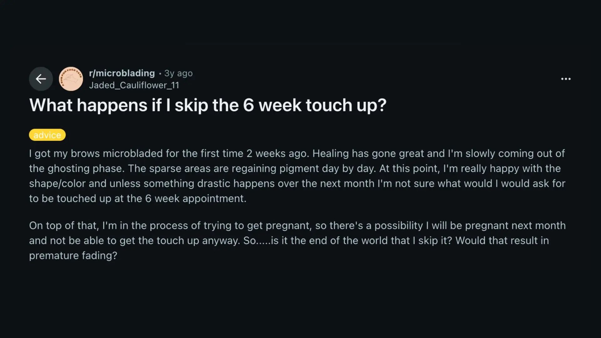 Screenshot of Reddit post about microblading asking what happens if you skip 6 week touch up after eyebrow tattoo procedure