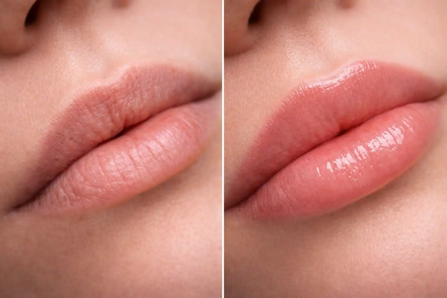Side by side close up of lips before and after lip blush showing improved color, smoother texture and defined lip border
