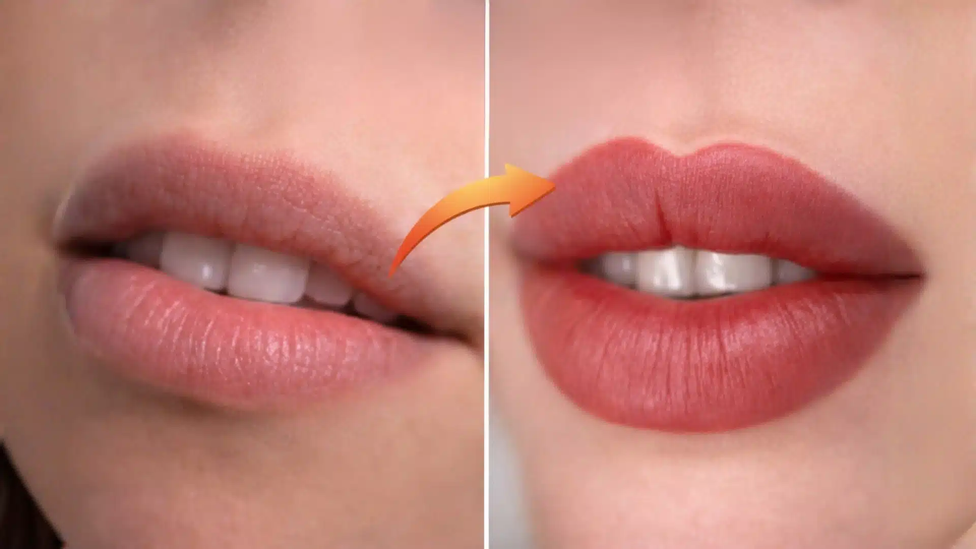 Side by side lips before and after lip blush with improved color, smoother texture and more defined shape indicated by arrow