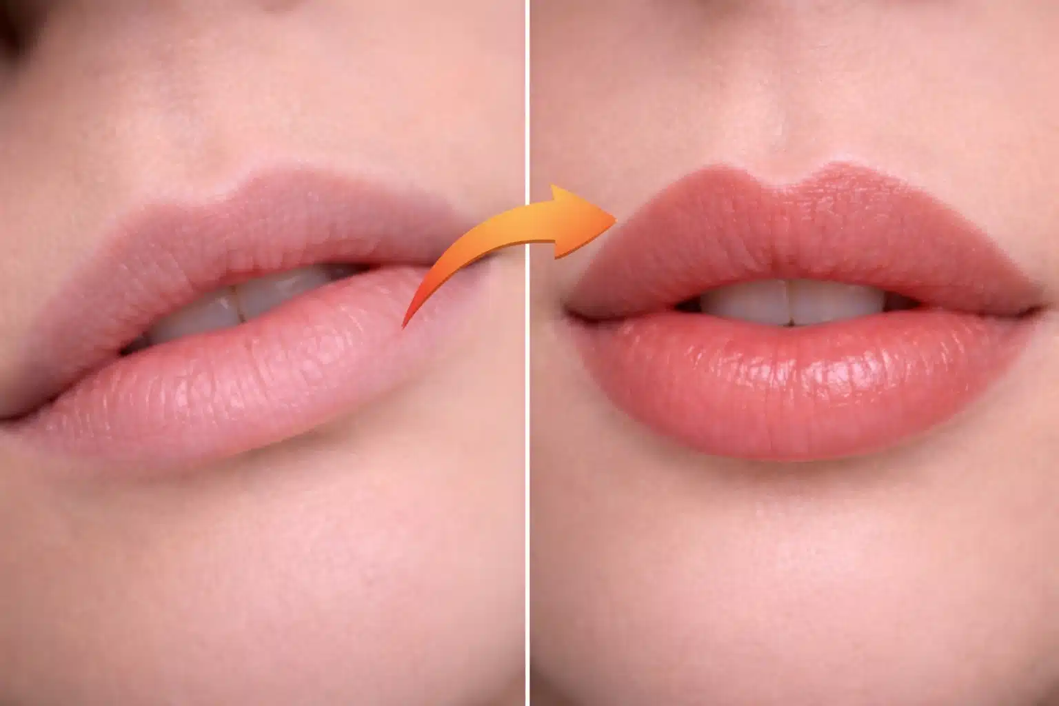 Side by side lips comparison showing natural lips and enhanced lip blush result with improved color and defined border