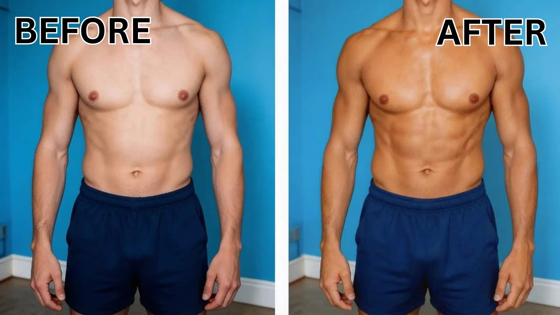 Side-by-side male torso comparison showing lighter skin and darker bronzed result in spray tan before and after image