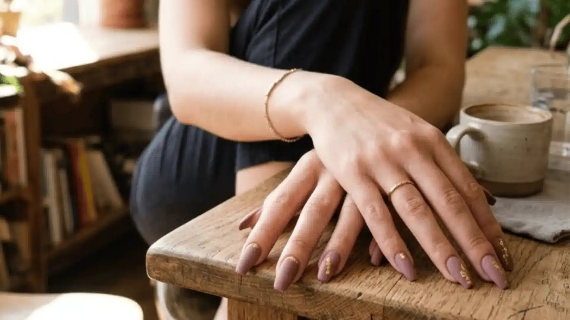 Small gold foil pieces placed near the cuticle or across the nail add contrast to mauve on a coffin shaped nails