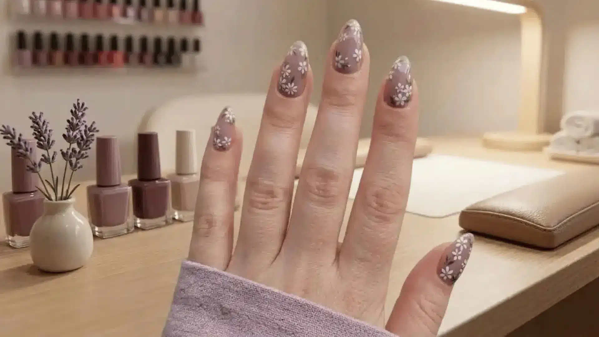 Small white flowers painted on a mauve base create a soft manicure on a almond shape nails