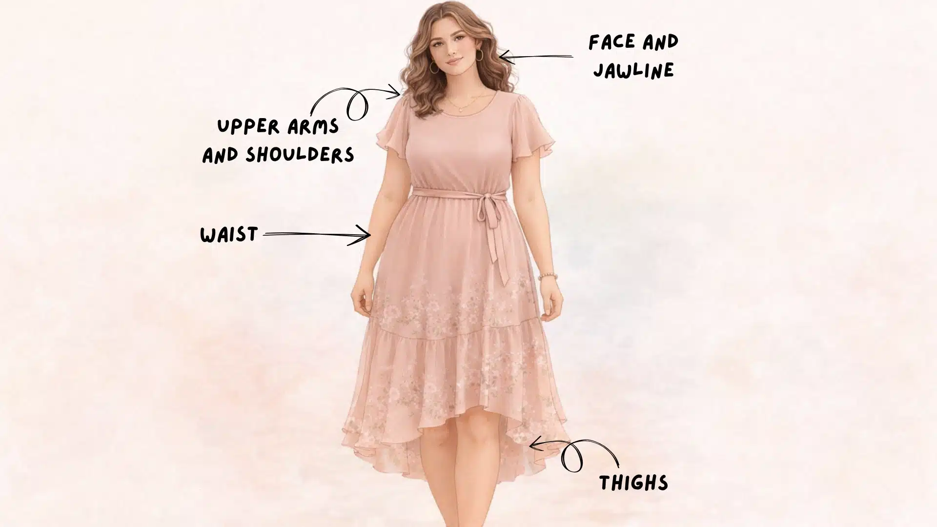 Soft Natural body with highlighted weight areas arms, shoulders, waist, thighs, and jawline