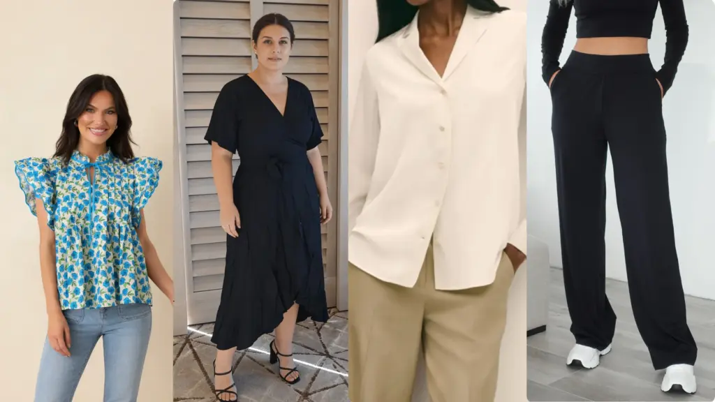 Soft Natural outfits with flutter sleeve top, wrap dress, relaxed blouse, and wide-leg pants for balanced styling