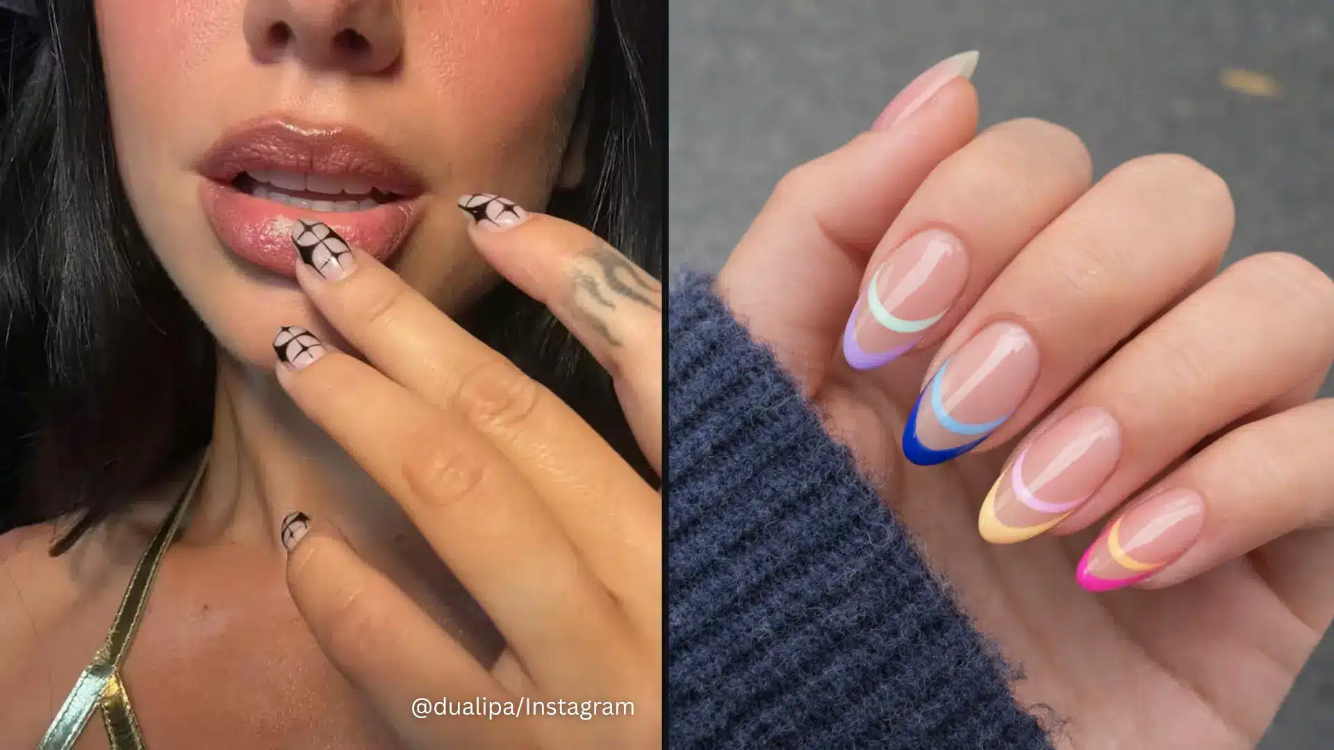 Split image of Dua Lipa negative space nails with black web design and colorful curved negative space nails