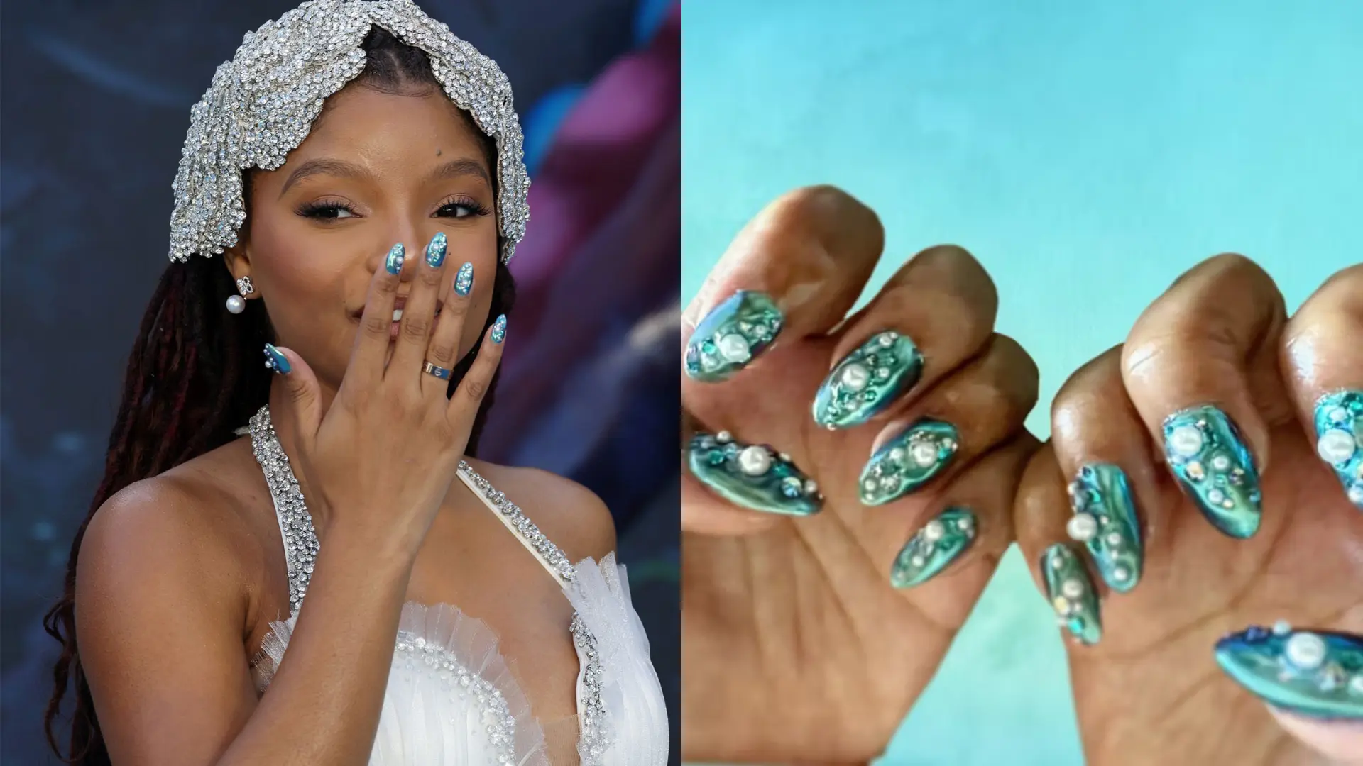 Split image of Halle Bailey at the screening of The Little Mermaid and iridescent duochrome mermaid nails with pearls and crystals
