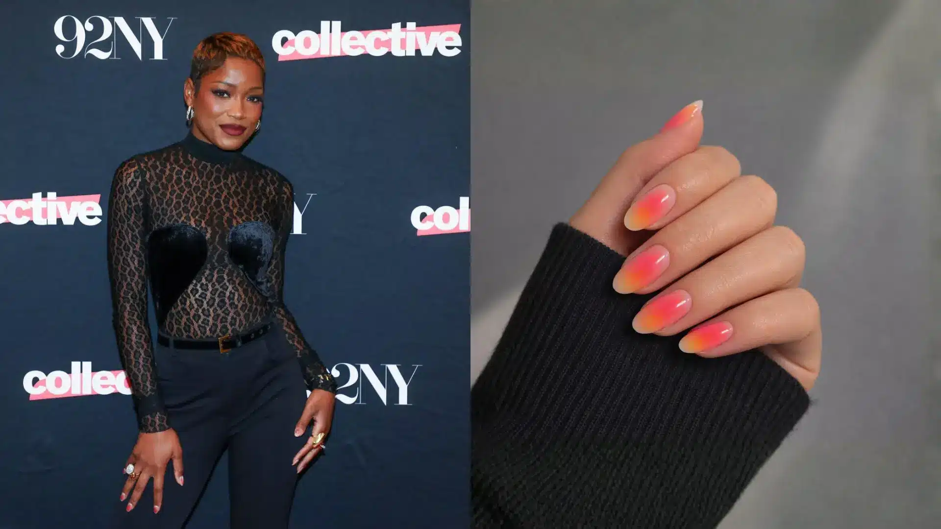 Split image of Keke Palmer at the sreening of the burbs and sunset ombre aura nails as inspiration for spring break nails