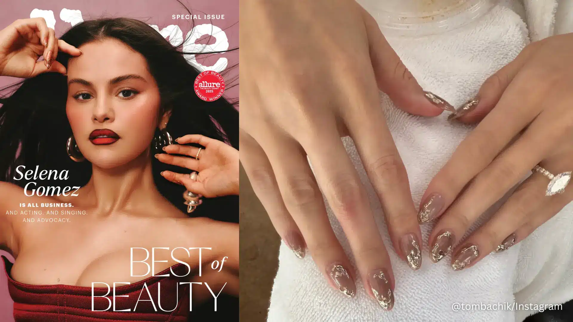 Split image of Selena Gomez Allure 2025 cover with rose gold foil minimalist nails as spring break nails inspiration