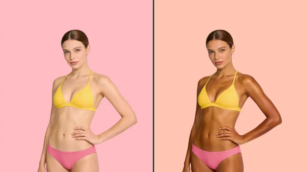 Spray tan before and after comparison showing woman with natural skin tone on left and bronzed spray tan result on right