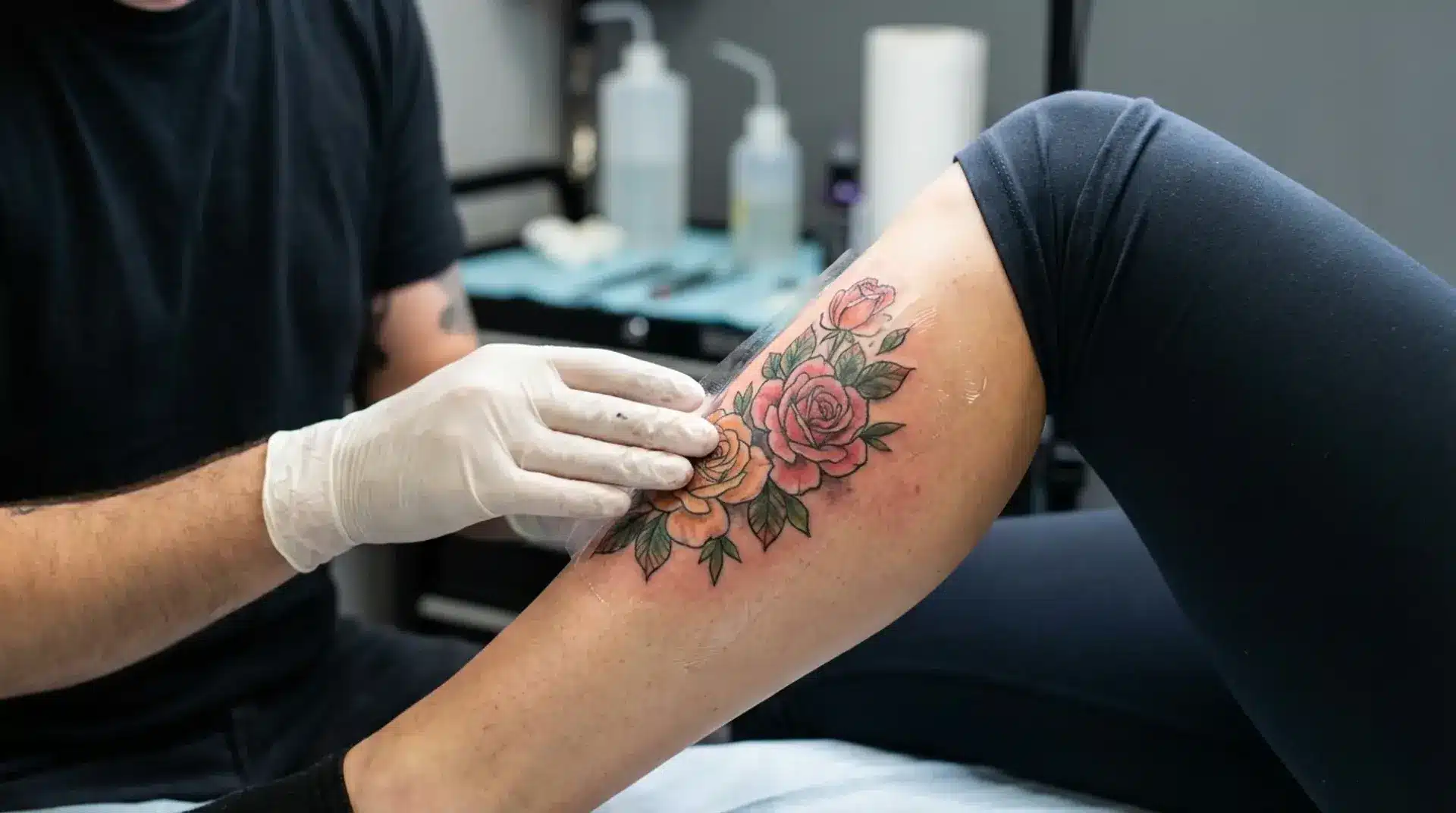 Tattoo artist applying second skin film over a fresh floral tattoo on a client’s leg in a professional studio