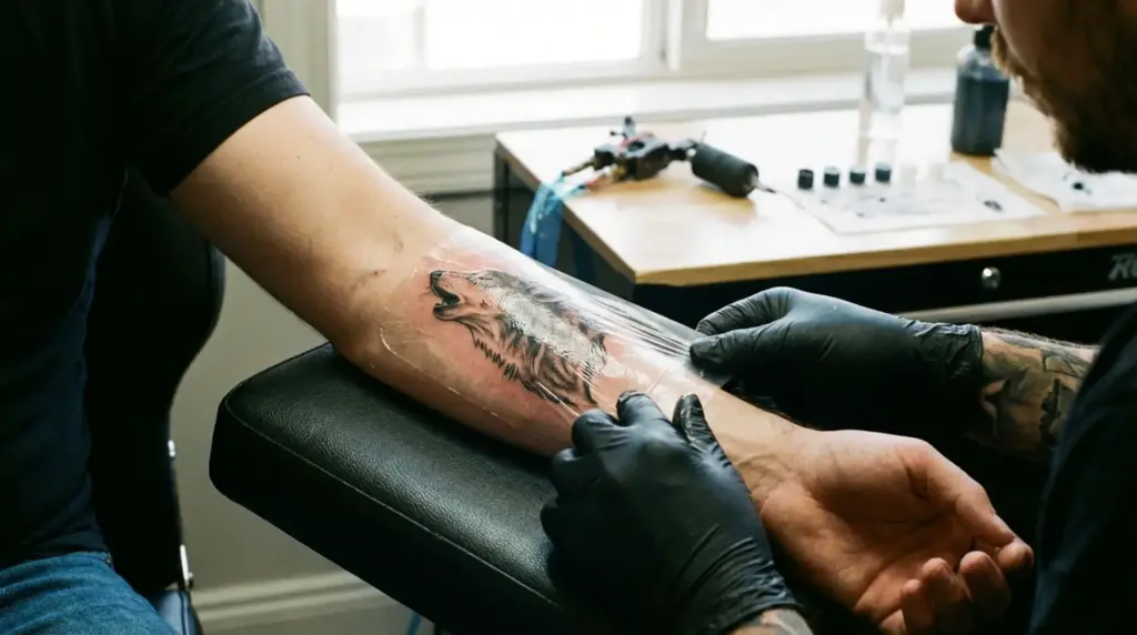 Tattoo artist applying second skin wrap over a new forearm tattoo to protect it during the healing process