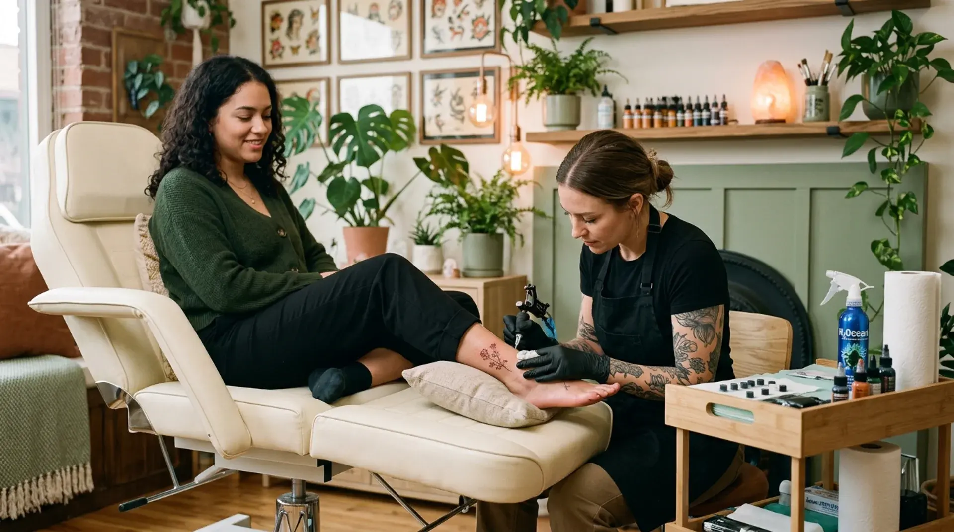 Tattoo artist creating a small ankle tattoo for a woman in a cozy tattoo studio with plants and framed artwork