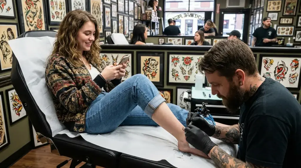 Tattoo artist working on a client’s ankle tattoo while she relaxes on a chair inside a busy professional tattoo studio