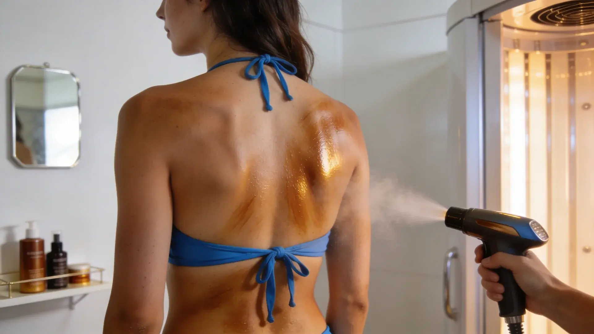 Technician applying spray tan on woman's back with spray gun in tanning booth showing bronzed skin tone result