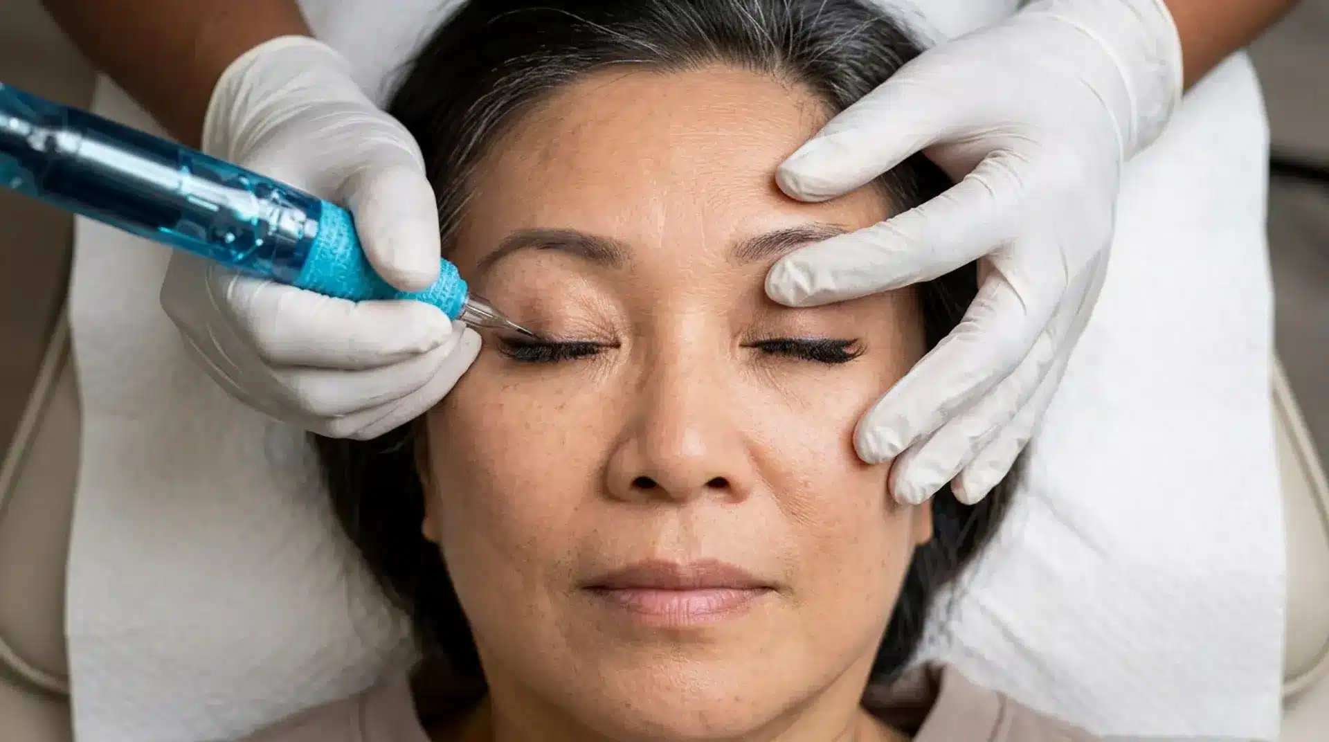 Technician performing permanent eyeliner enhancement along lash line with precision tool