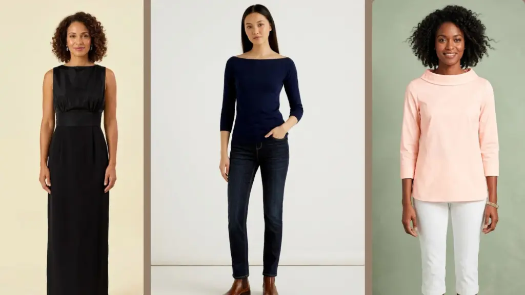 Three women wearing dresses and tops with Sabrina neckline showing different styles, fits, and everyday outfit variations