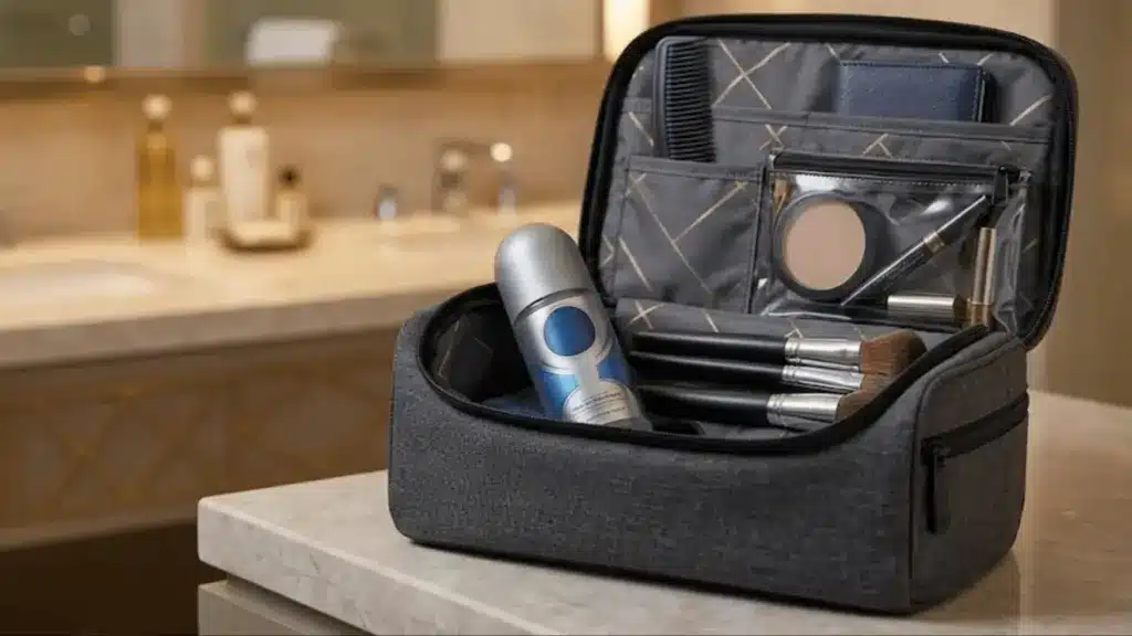 Travel toiletry bag with spray deodorant, makeup, and brushes organized for carry on TSA liquid rules