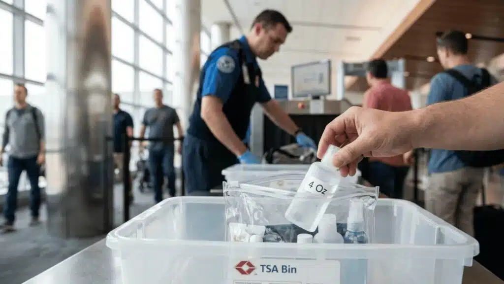 Traveler placing a bag with a 4 oz bottle in a TSA security bin at an airport checkpoint, with officer inspecting items in the background