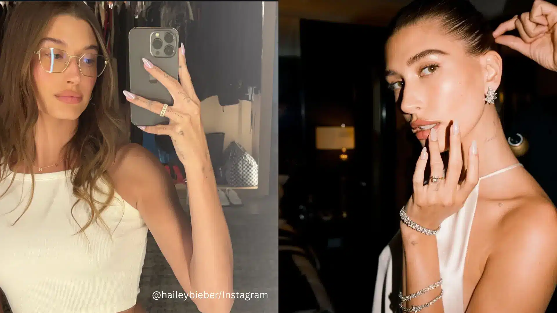 Two portraits showing Hailey Bieber's glazed donut manicure styled with jewelry as elegant minimal spring nails look