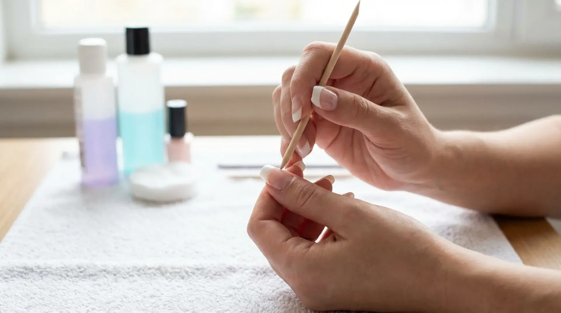 Using a wooden cuticle stick to lift acrylic nails carefully during at home