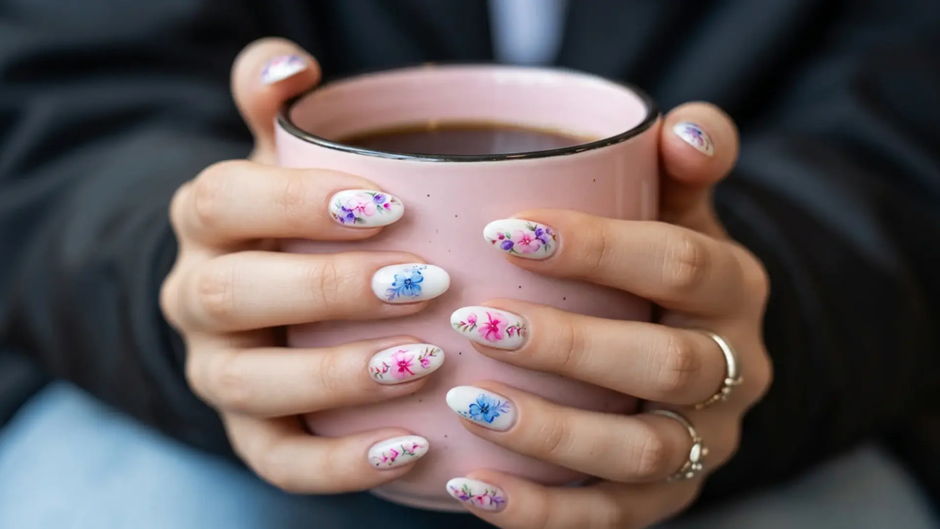 Watercolor floral nails on short oval nails holding pink coffee mug with delicate spring flower designs for spring break nails