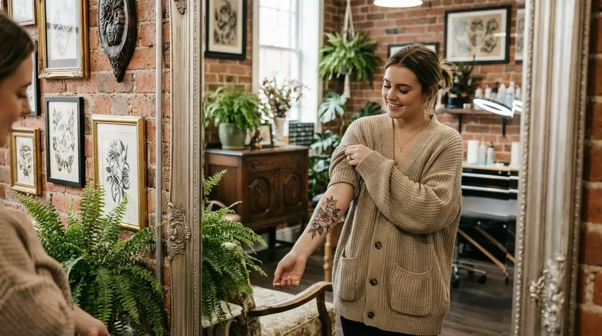 Woman admiring her fresh forearm tattoo in a mirror inside a stylish tattoo studio with brick walls and greenery