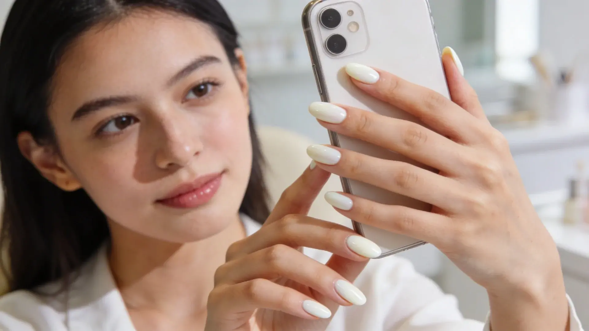 Woman holding smartphone showing soft milky white manicure with glossy almond shaped nails indoors