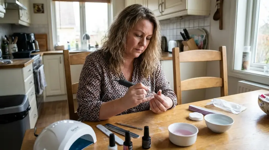 Woman removing acrylic nails at home with nail tools and manicure supplies on a table