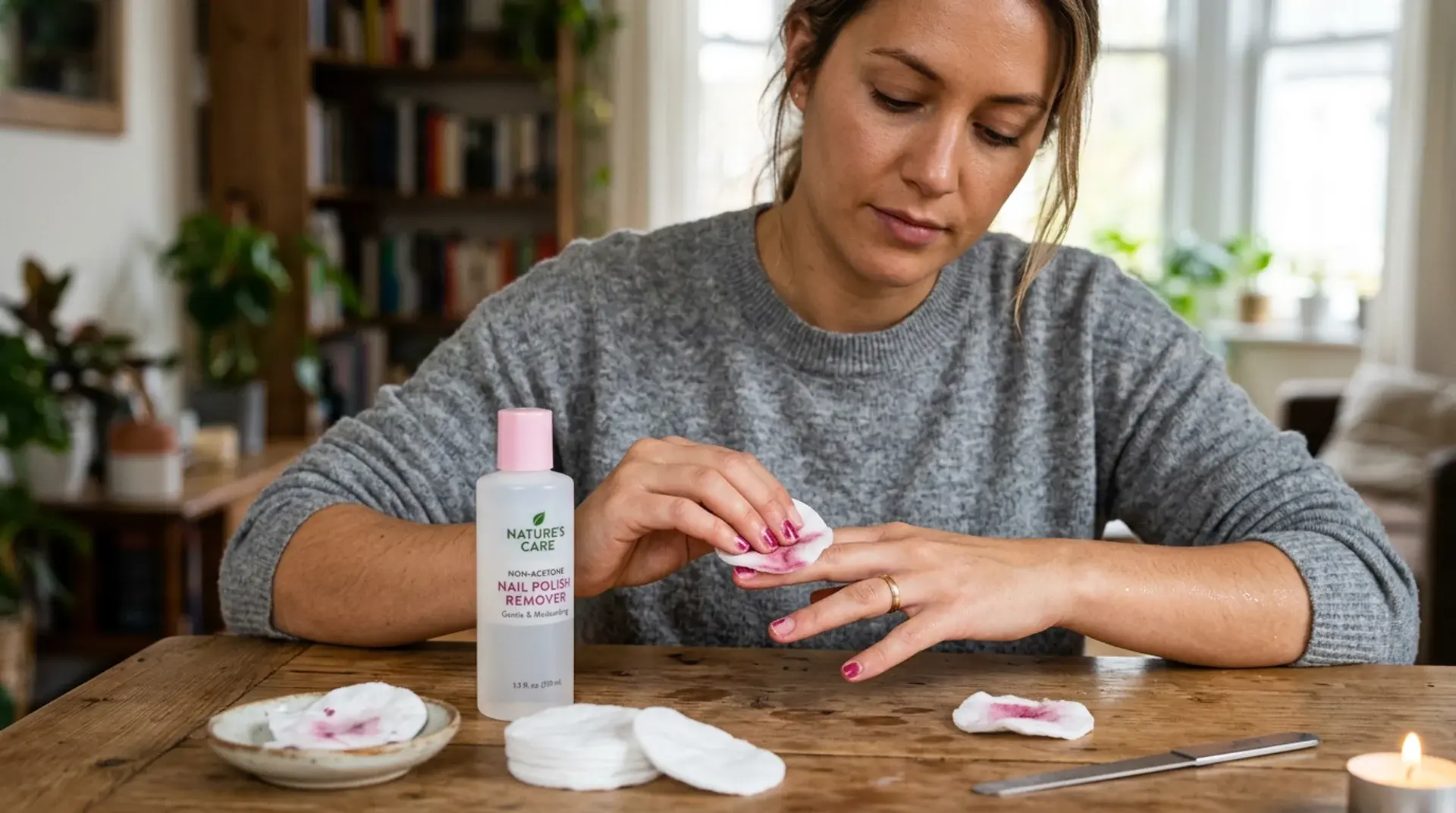 Woman removing pink nail polish with a cotton pad and non-acetone remover at a wooden table