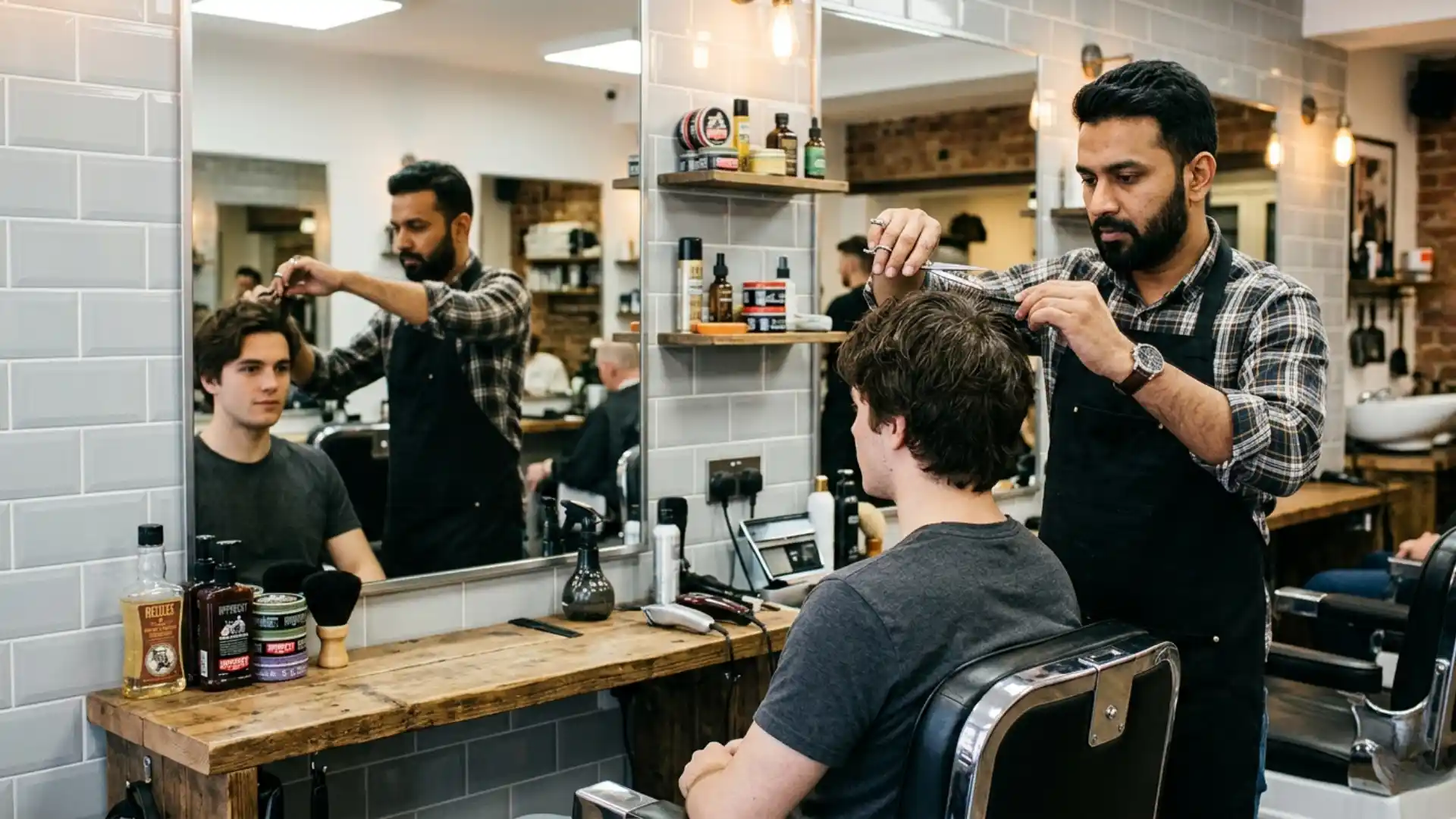 A barber in a black apron trims the hair of a young man in a chair, reflected in a large salon mirror