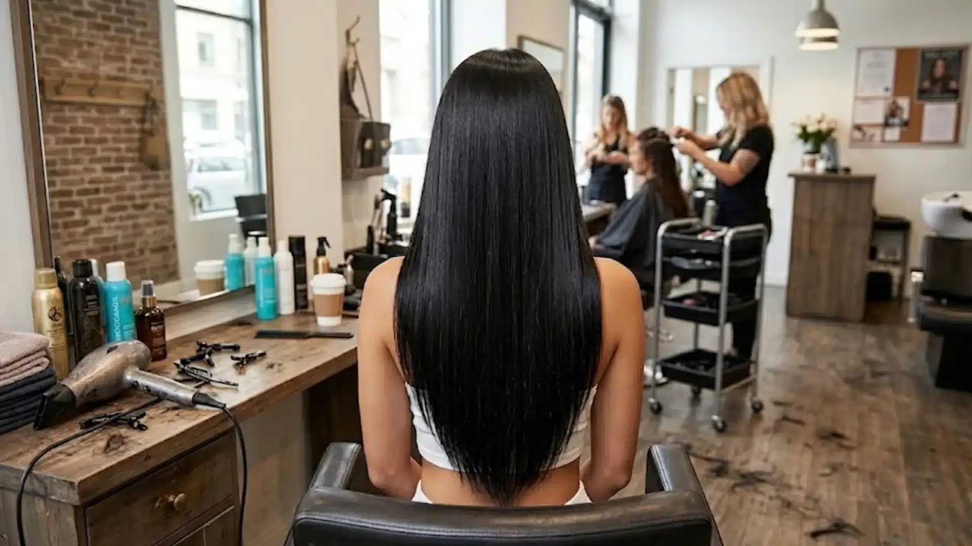 A clean, modern salon interior with a client in the foreground, featuring sleek, keratin treatment black hair