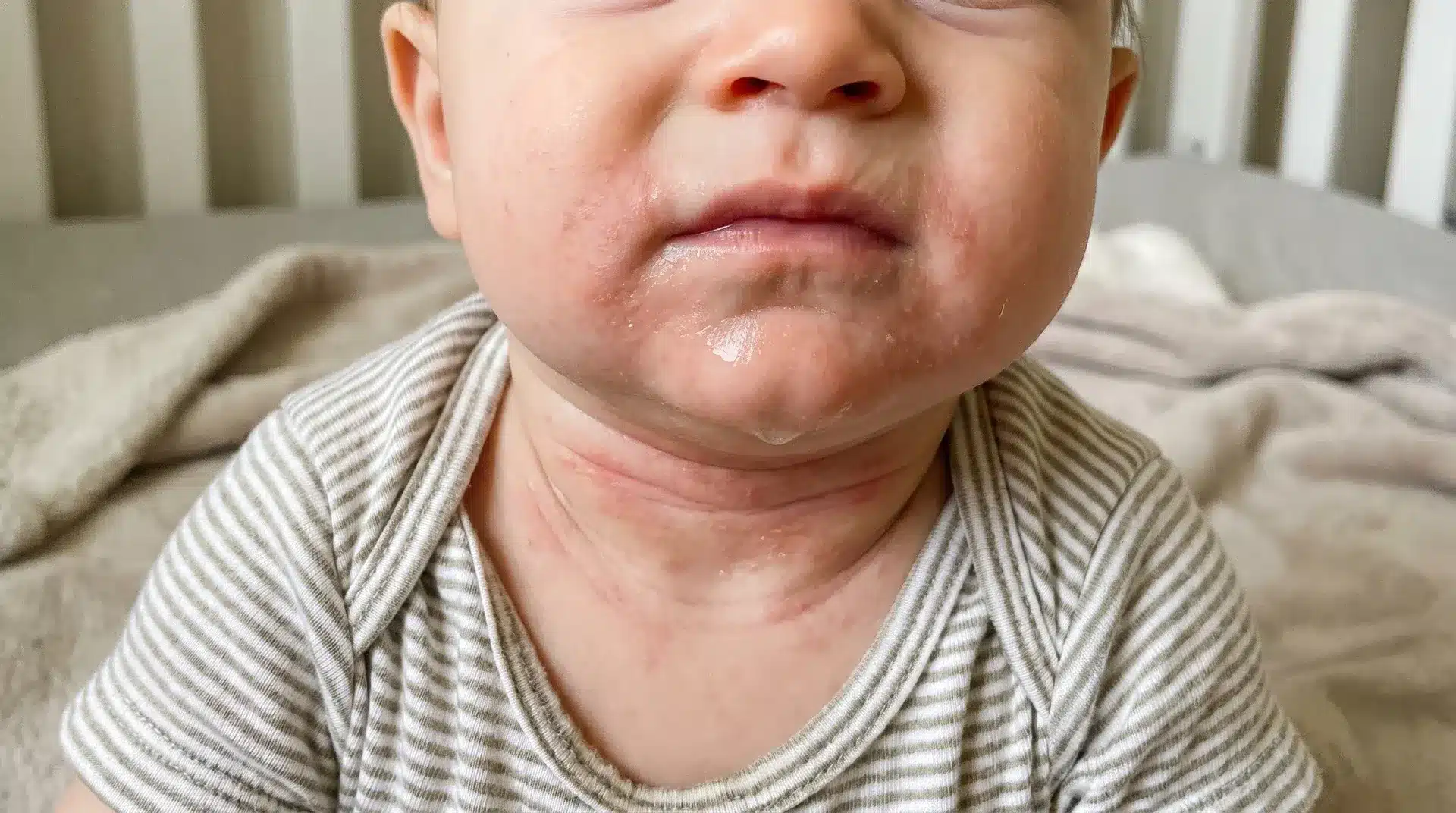 A close-up of a baby with a red, irritated rash around their mouth and on their neck, showing signs of drool.