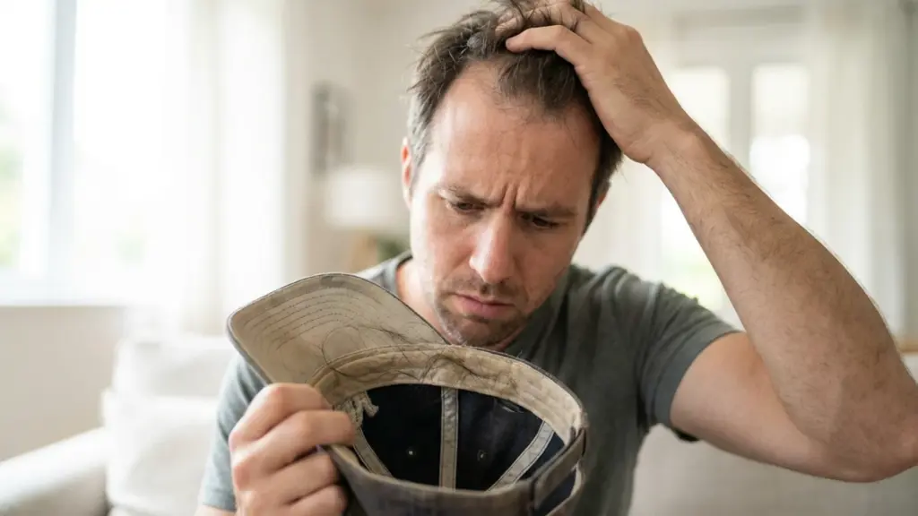 A concerned man looking at loose hair strands inside his baseball cap while touching his thinning hairline.