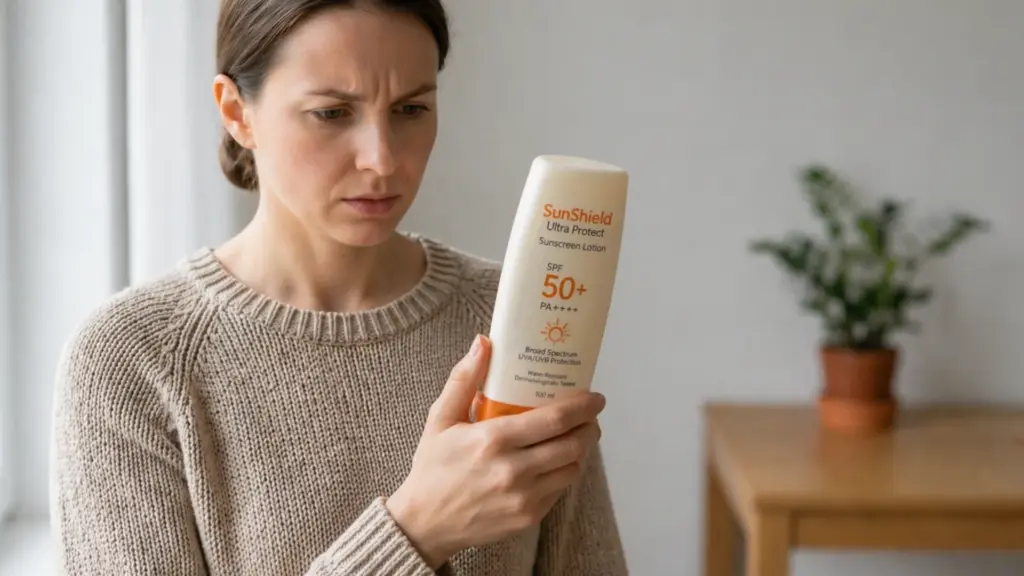 A concerned woman scrutinizes the label of a bottle of SunShield SPF 50+ sunscreen while indoors.